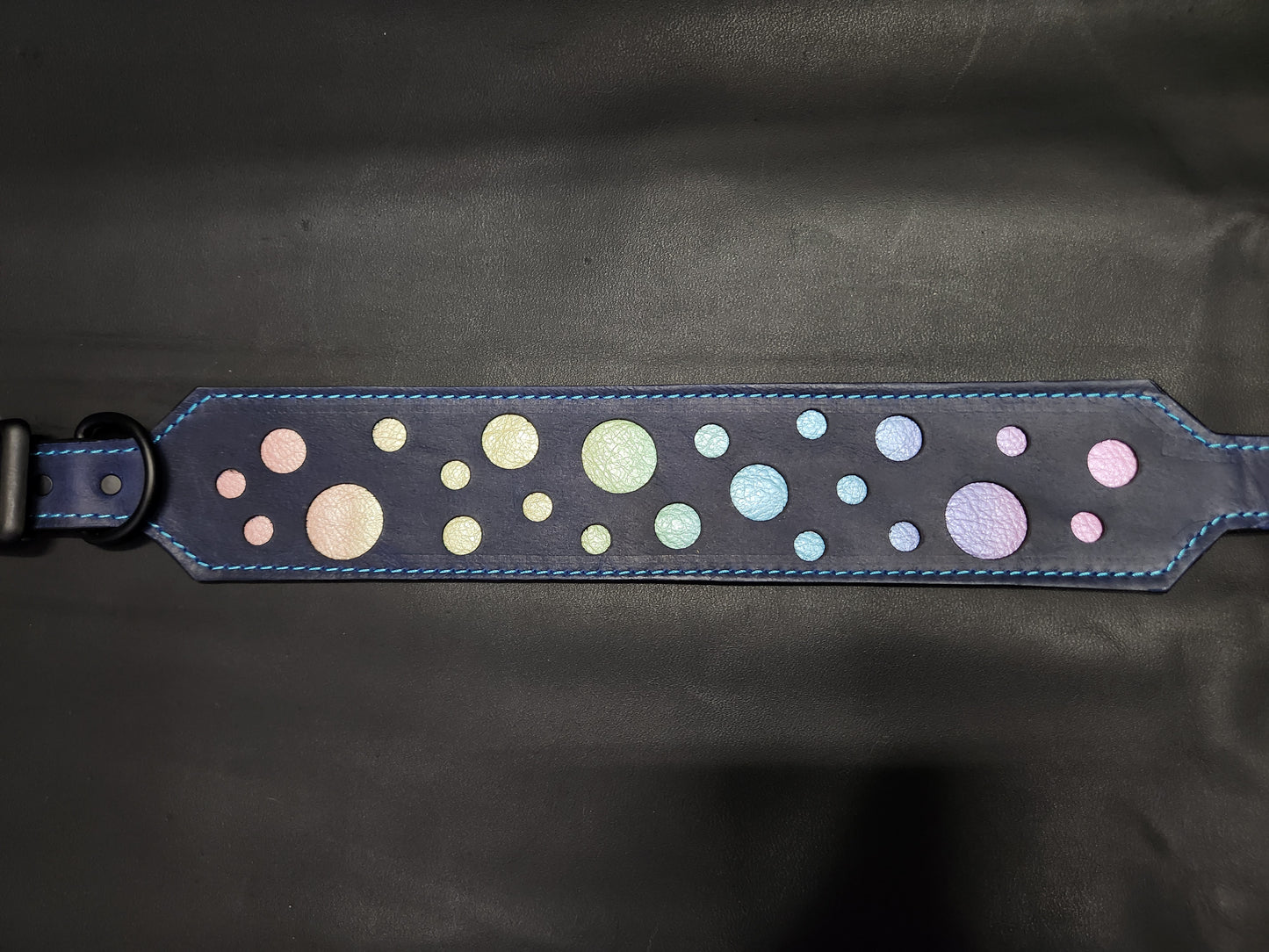 Dark Blue Leather Dog Collar with Rainbow Bubbles