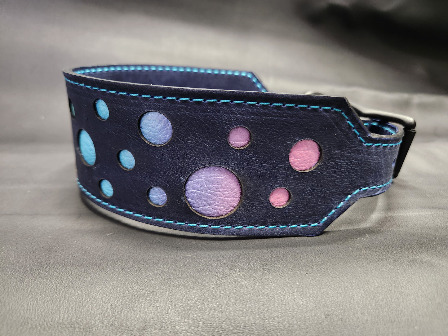 Dark Blue Leather Dog Collar with Rainbow Bubbles