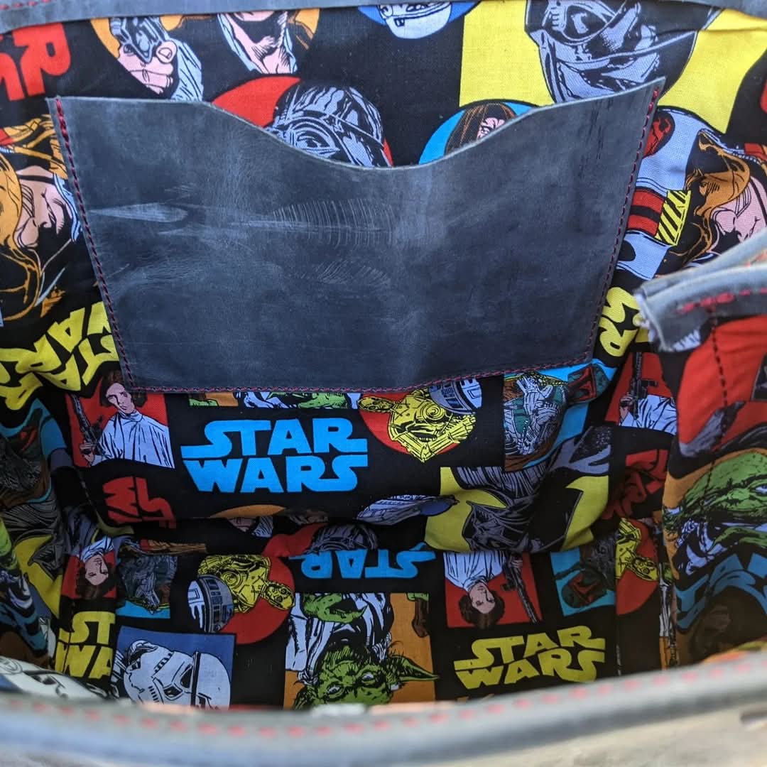 Grey Leather Tote Bag with Boba Fett Appliqué and Star Wars Lining