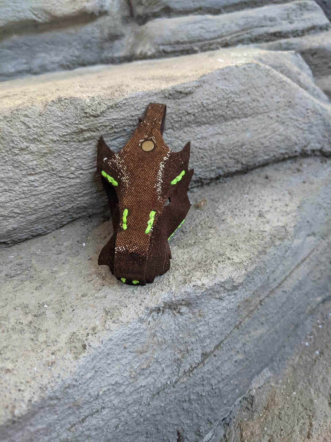Leather Dragon Head Keychain – Metallic Bronze with Bright Green Stitches