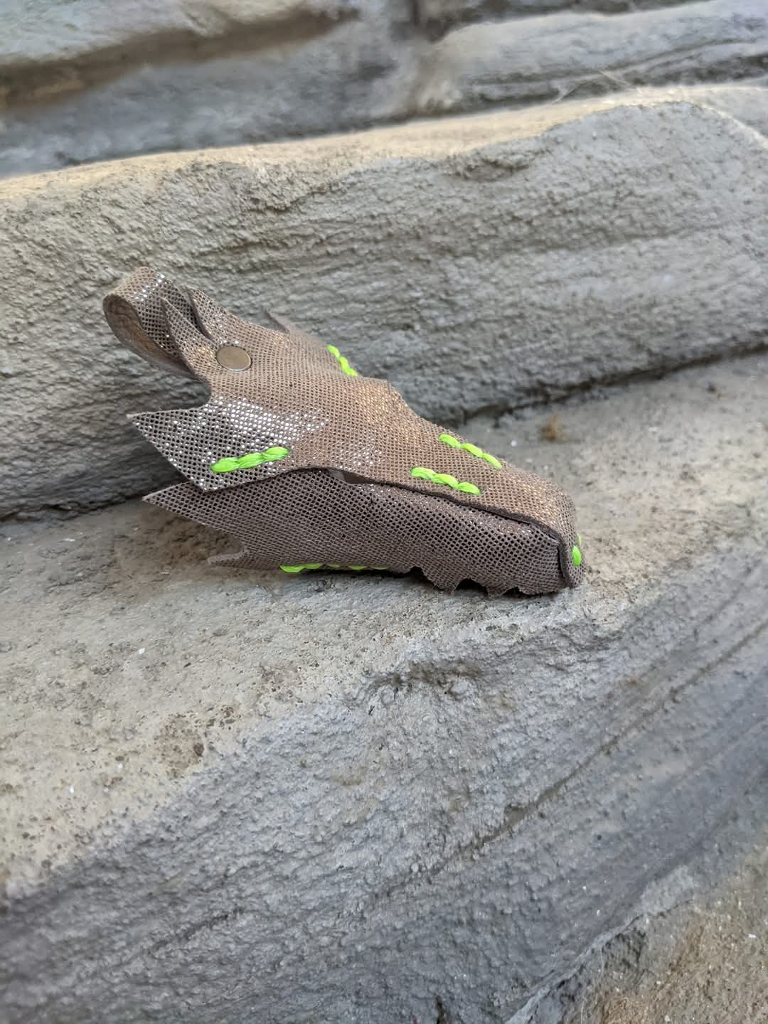 Leather Dragon Head Keychain – Metallic Grey with Bright Green Stitches