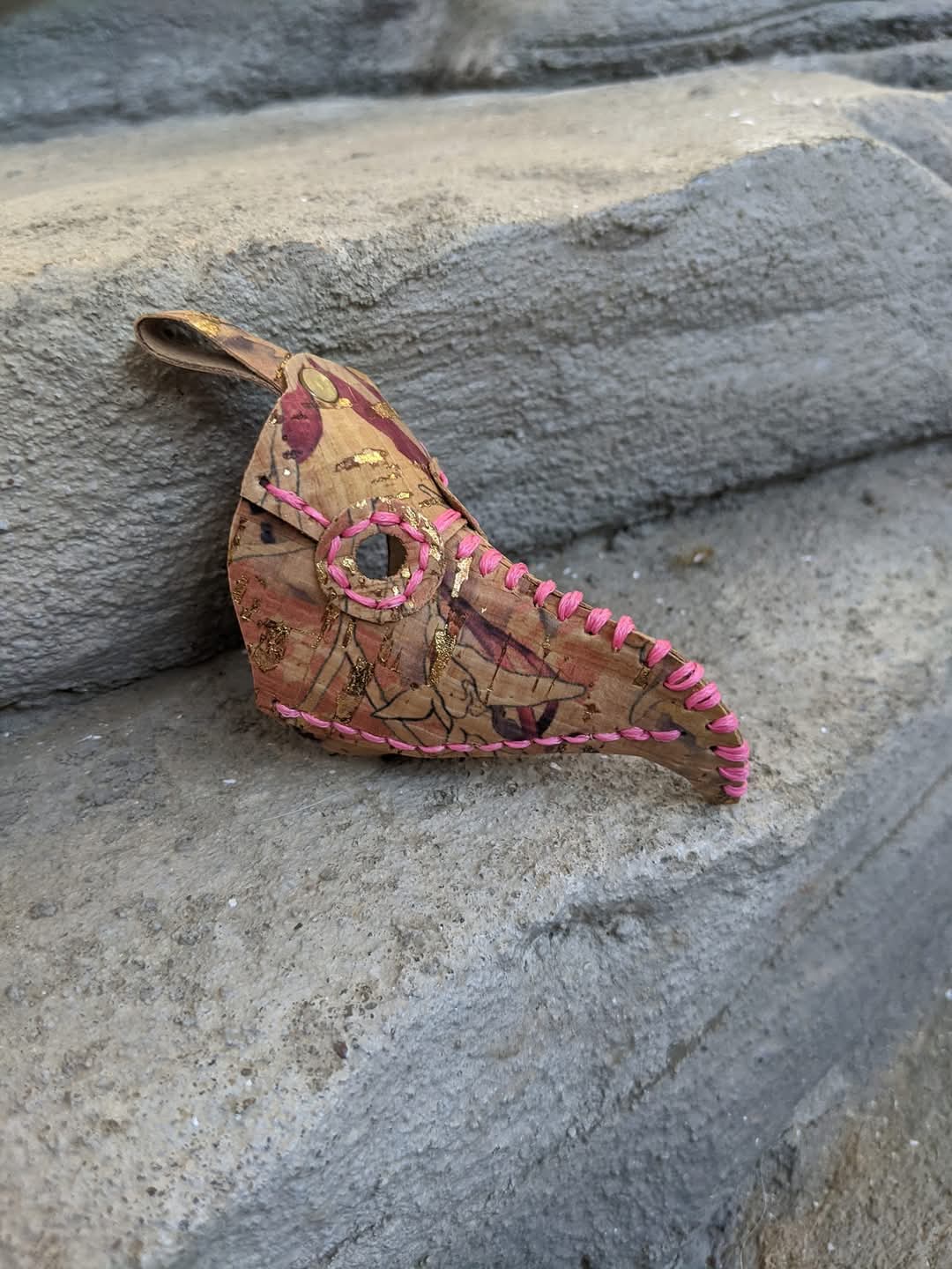 Cork Plague Doctor Mask Keychain – Pink, Tan with Metallic Gold Flakes & Light Pink Stitches