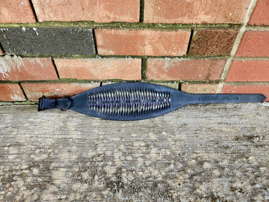 Dark Blue Leather Dog Collar with Twisted Overlay and Metallic Silver Accents