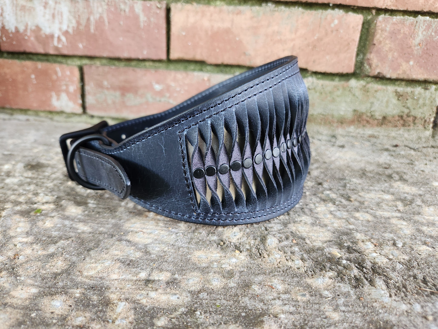 Dark Blue Leather Dog Collar with Twisted Overlay and Metallic Silver Accents