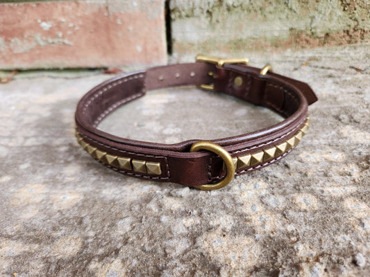 Dark Brown Leather Dog Collar with Pyramid Studs and Dual D-Rings