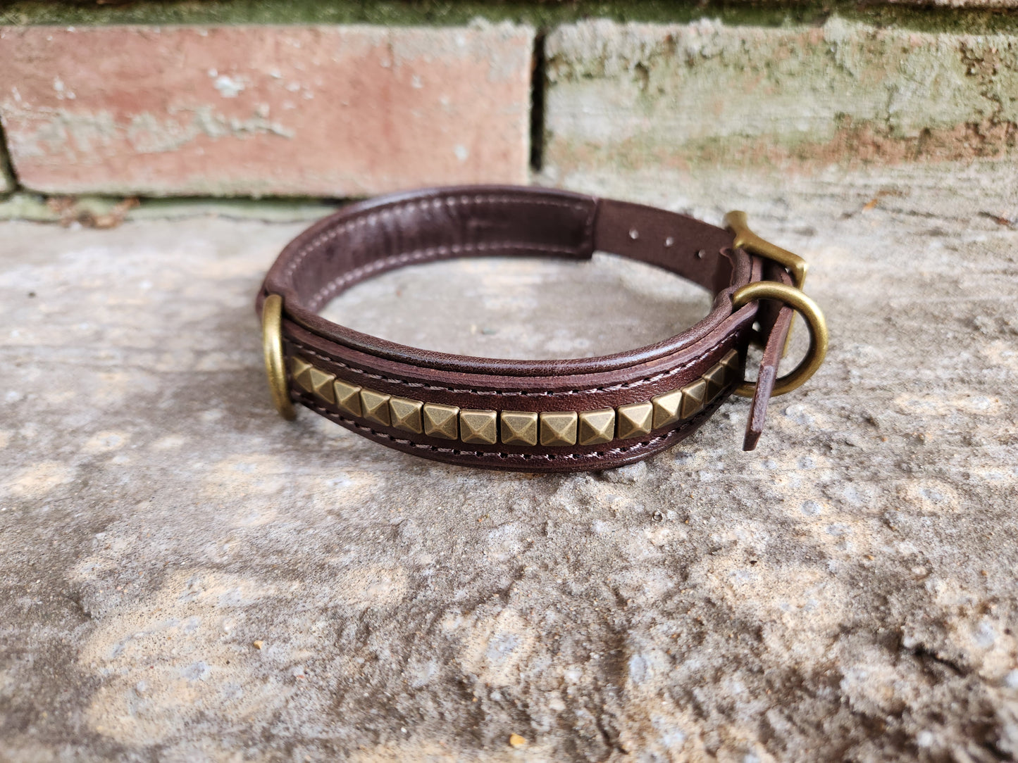 Dark Brown Leather Dog Collar with Pyramid Studs and Dual D-Rings