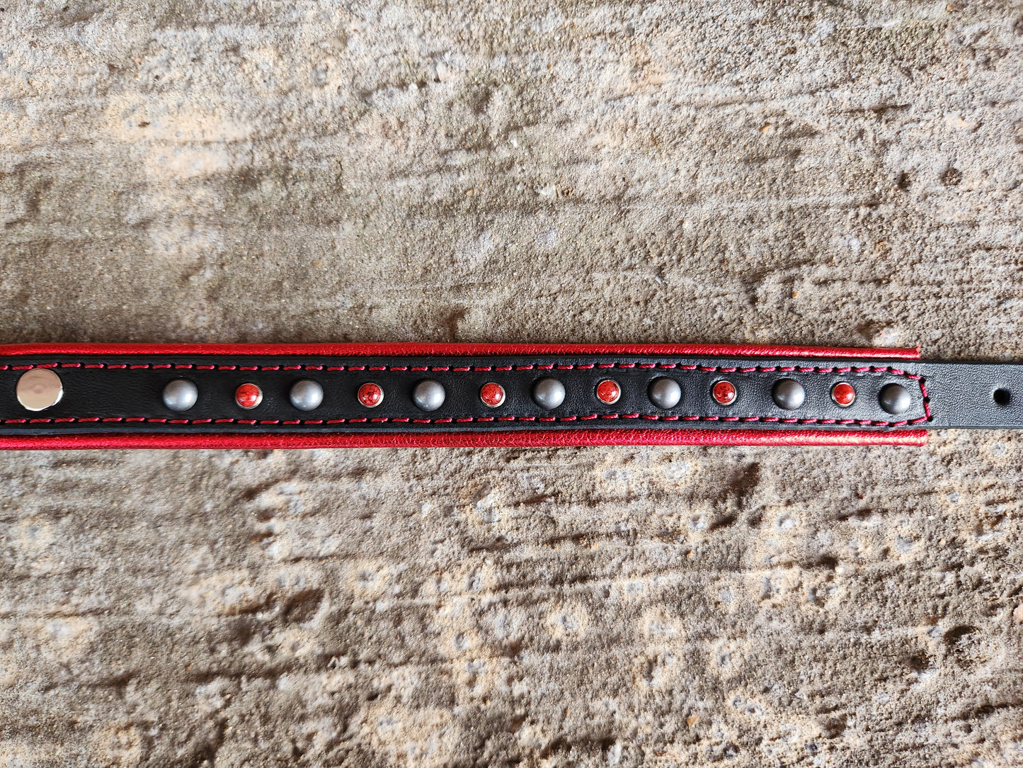 Black Leather Dog Collar with Metallic Red Padding and Stud Detailing