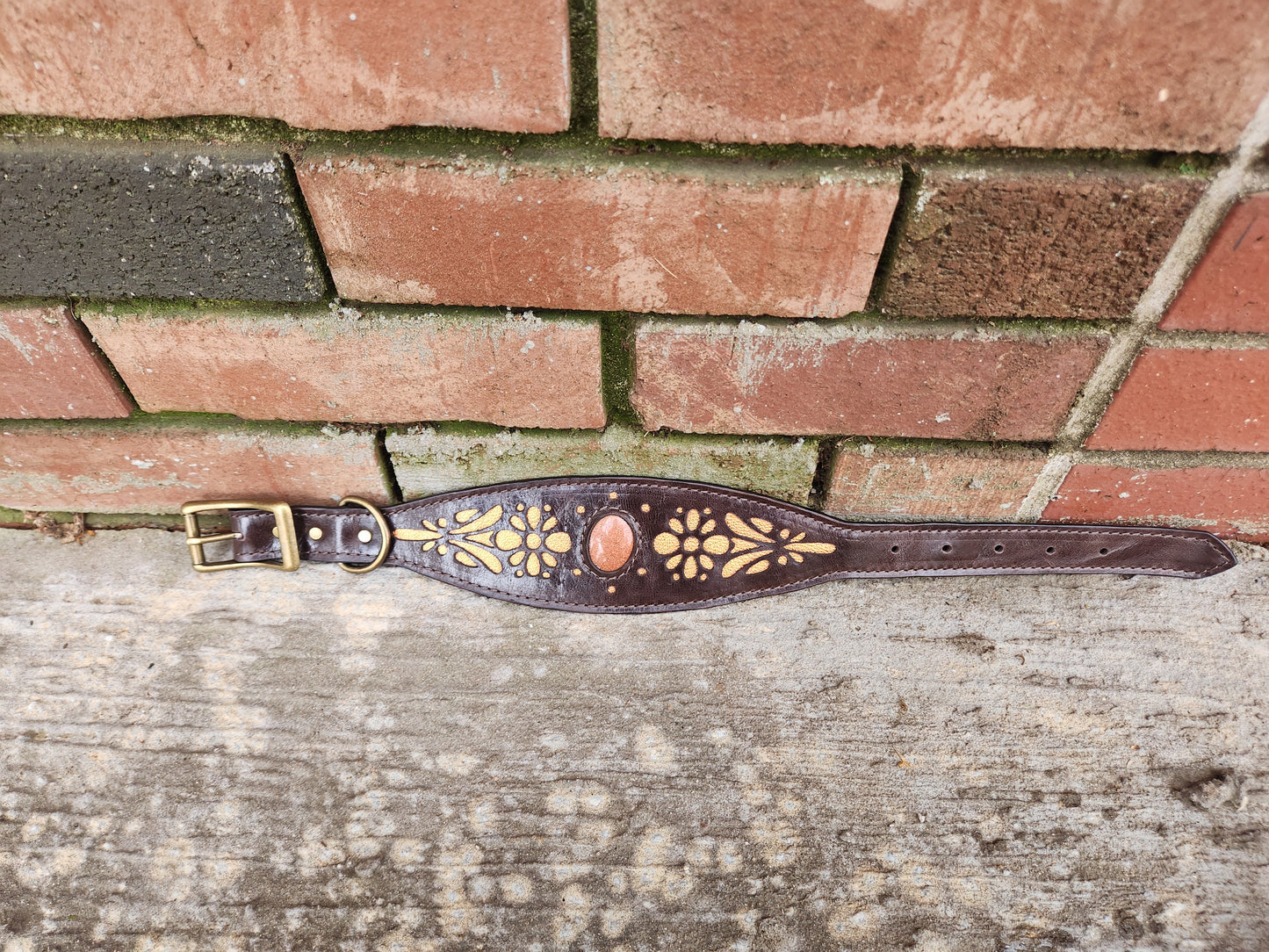 Dark Brown Leather Dog Collar with Floral Cutouts and Orange Accents