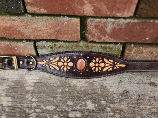 Dark Brown Leather Dog Collar with Floral Cutouts and Orange Accents