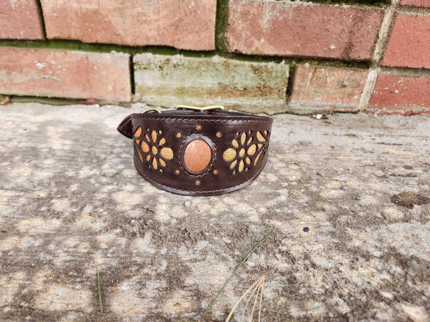 Dark Brown Leather Dog Collar with Floral Cutouts and Orange Accents