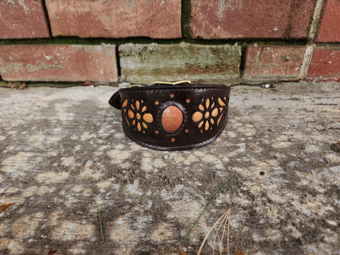 Dark Brown Leather Dog Collar with Floral Cutouts and Orange Accents