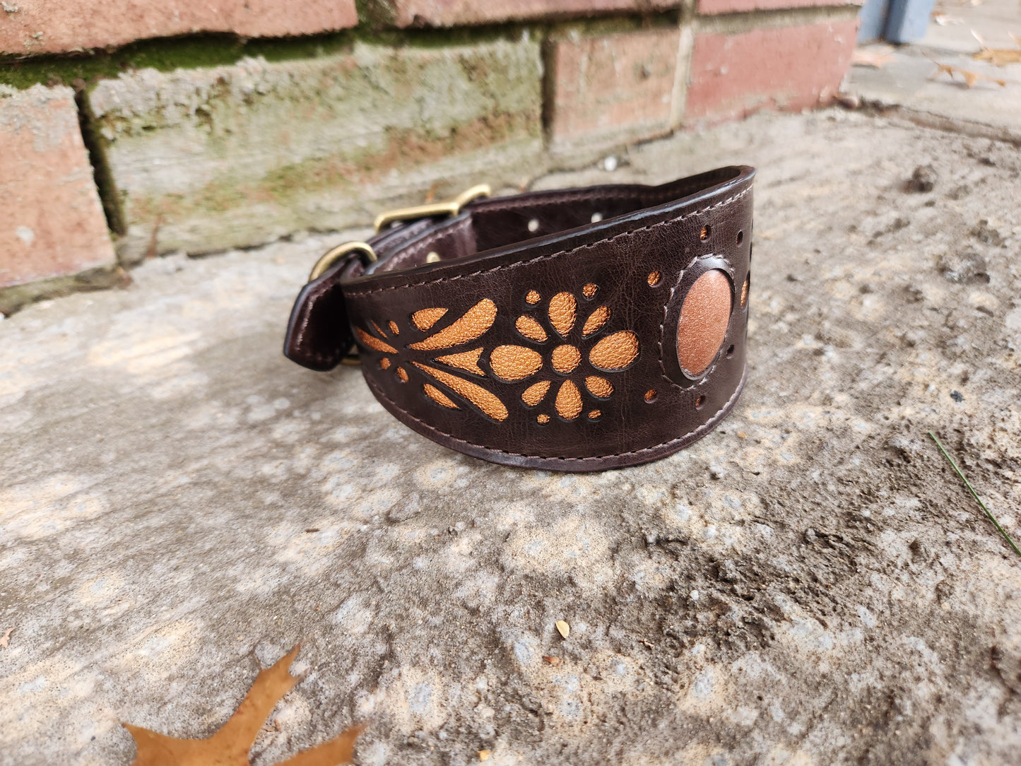 Dark Brown Leather Dog Collar with Floral Cutouts and Orange Accents