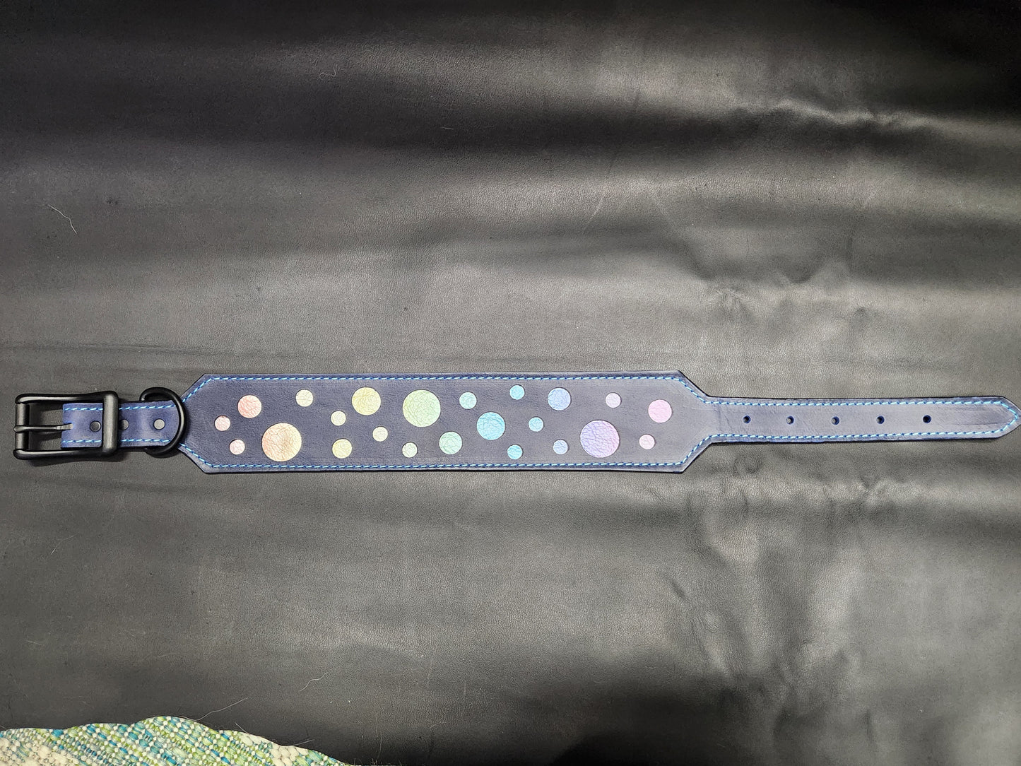 Dark Blue Leather Dog Collar with Rainbow Bubbles
