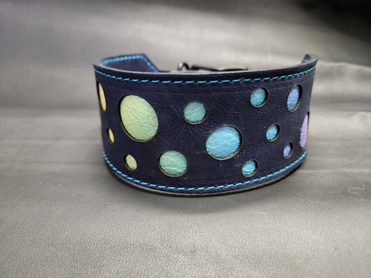 Dark Blue Leather Dog Collar with Rainbow Bubbles