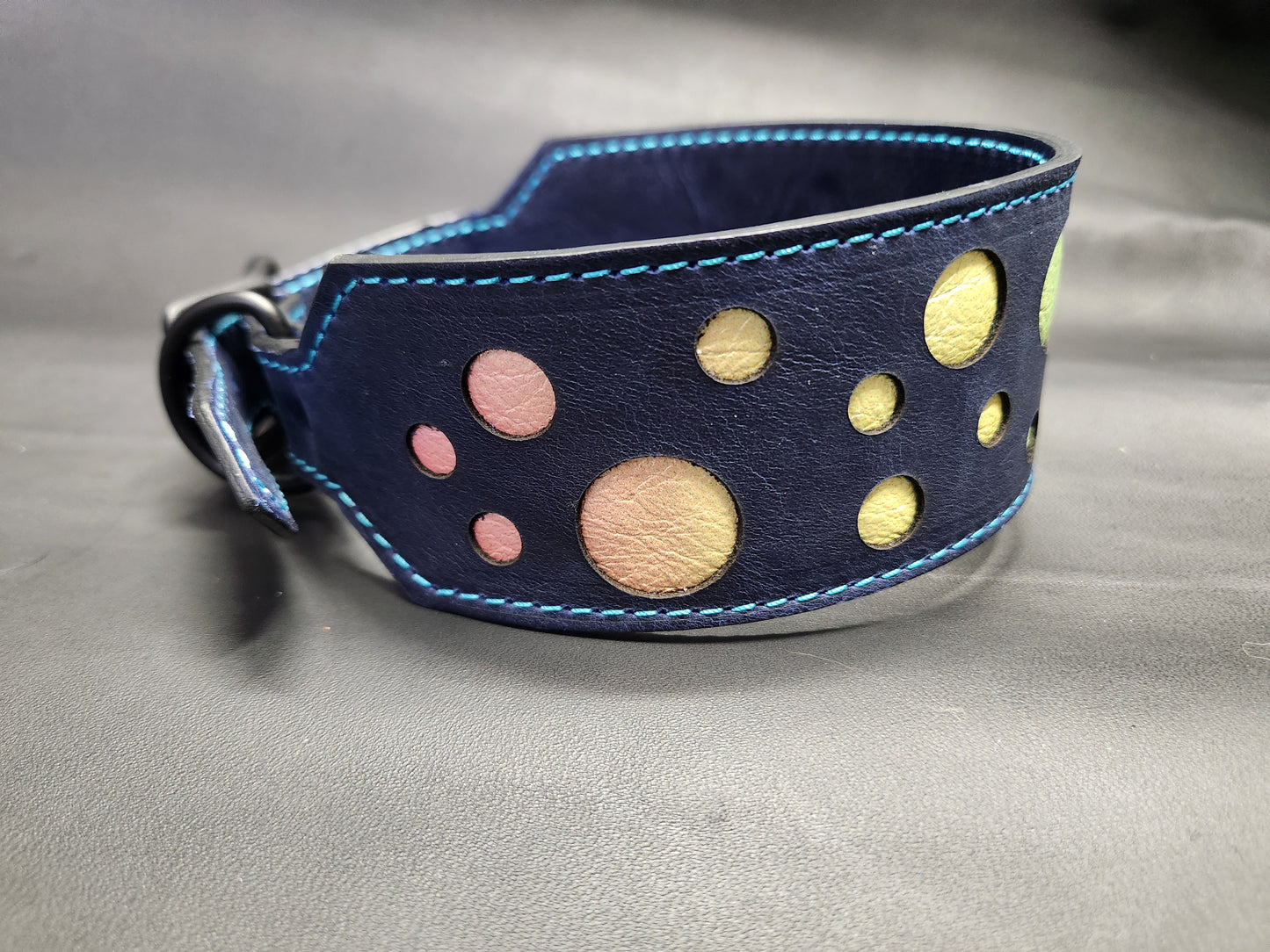 Dark Blue Leather Dog Collar with Rainbow Bubbles