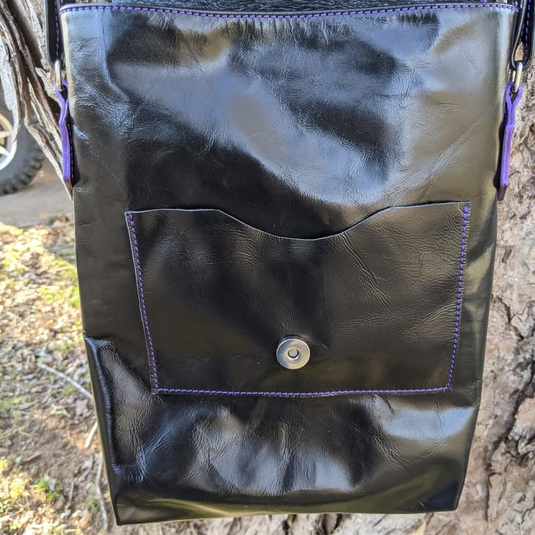 Shiny Black Leather Crossbody Bag with Sugar Skull Appliqué