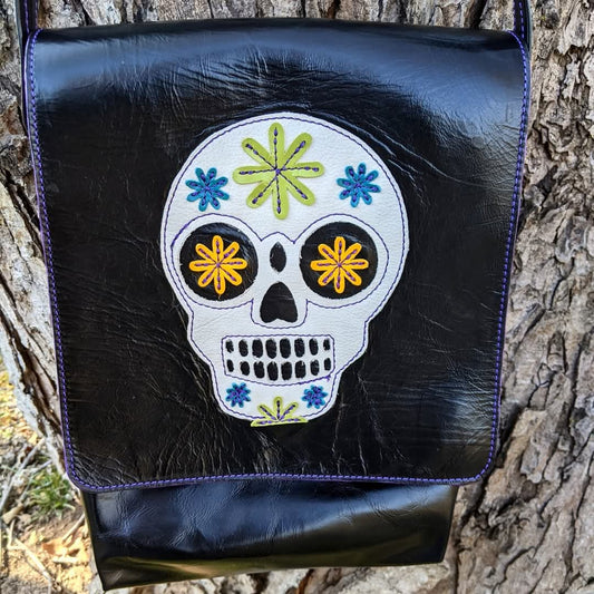 Shiny Black Leather Crossbody Bag with Sugar Skull Appliqué