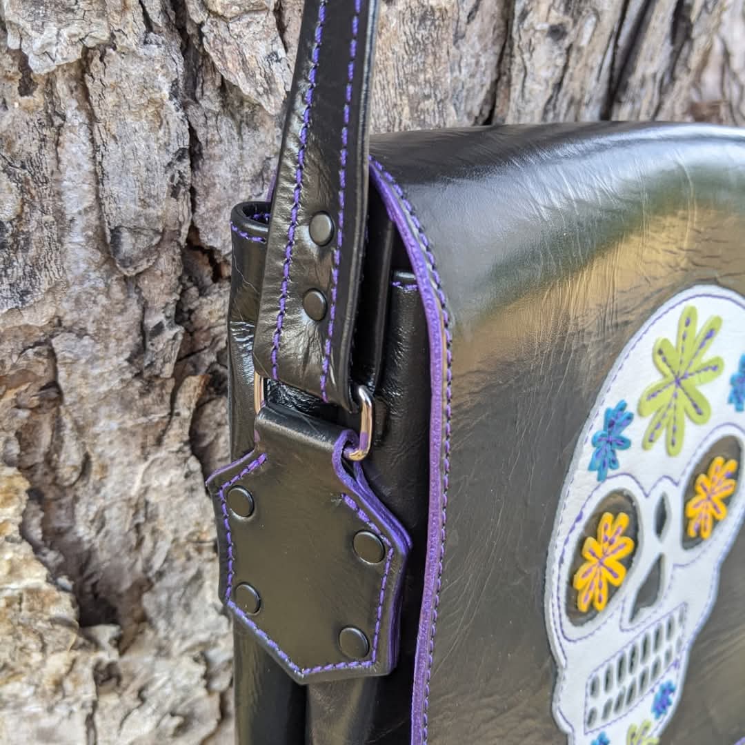 Shiny Black Leather Crossbody Bag with Sugar Skull Appliqué