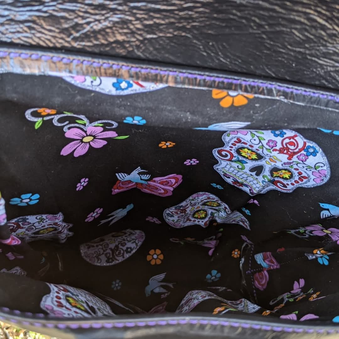 Shiny Black Leather Crossbody Bag with Sugar Skull Appliqué