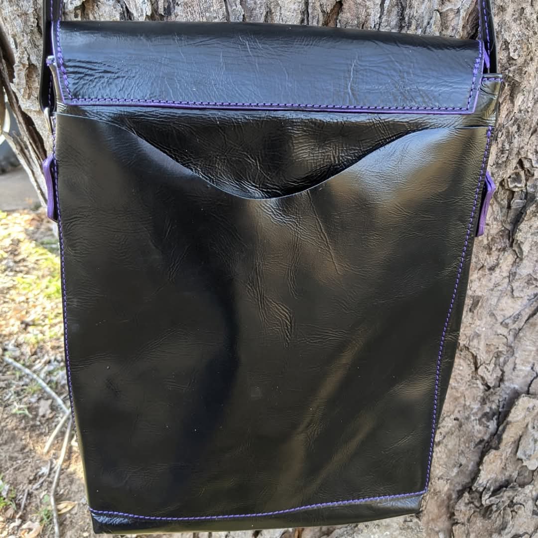 Shiny Black Leather Crossbody Bag with Sugar Skull Appliqué