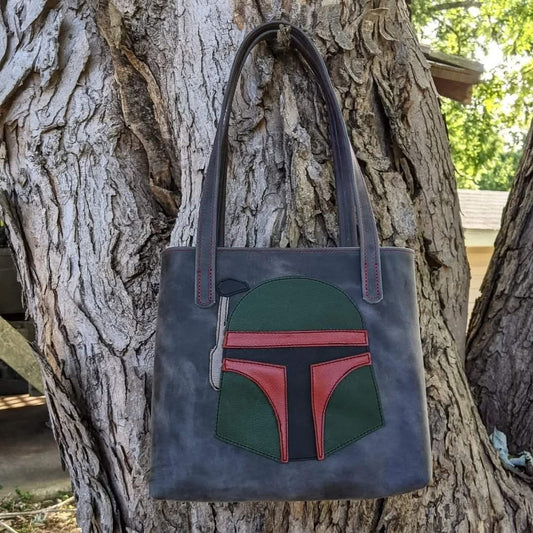 Grey Leather Tote Bag with Boba Fett Appliqué and Star Wars Lining