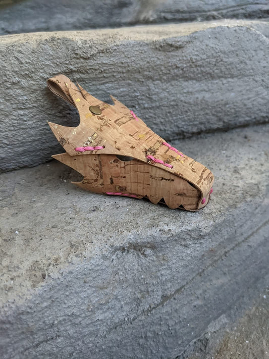 Cork Dragon Head Keychain – Tan with Metallic Gold Flakes & Light Pink Stitches
