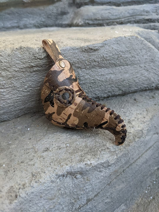 Cork Plague Doctor Mask Keychain – Camo Print with Dark Brown Stitches