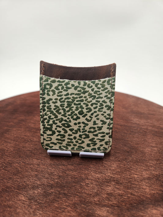 Vertical Leather Card Wallet – Dark Brown & Green Leopard Print