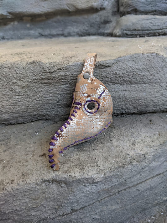 Cork Plague Doctor Mask Keychain – Metallic Silver Scales with Purple Stitches