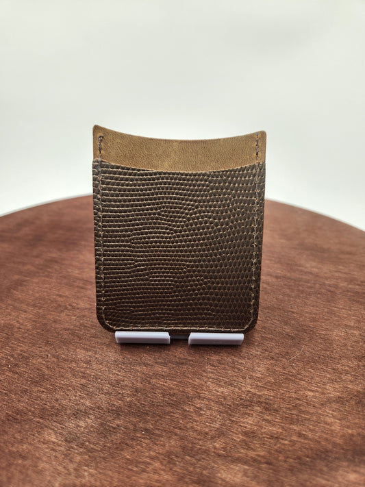 Vertical Leather Card Wallet – Brown & Embossed Bronze Scale Print